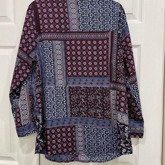 NWT Tantrums 3/4 quarter sleeve button down top Patchwork print front size L - Picture 7 of 8